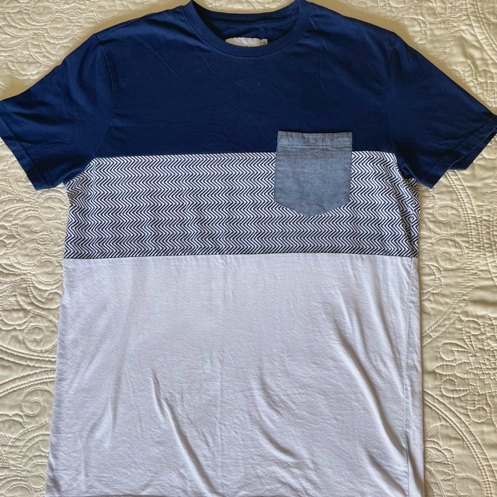 Goodfellow T-Shirt Mens M White Navy Striped Short Sleeve Crewneck Standard Fit